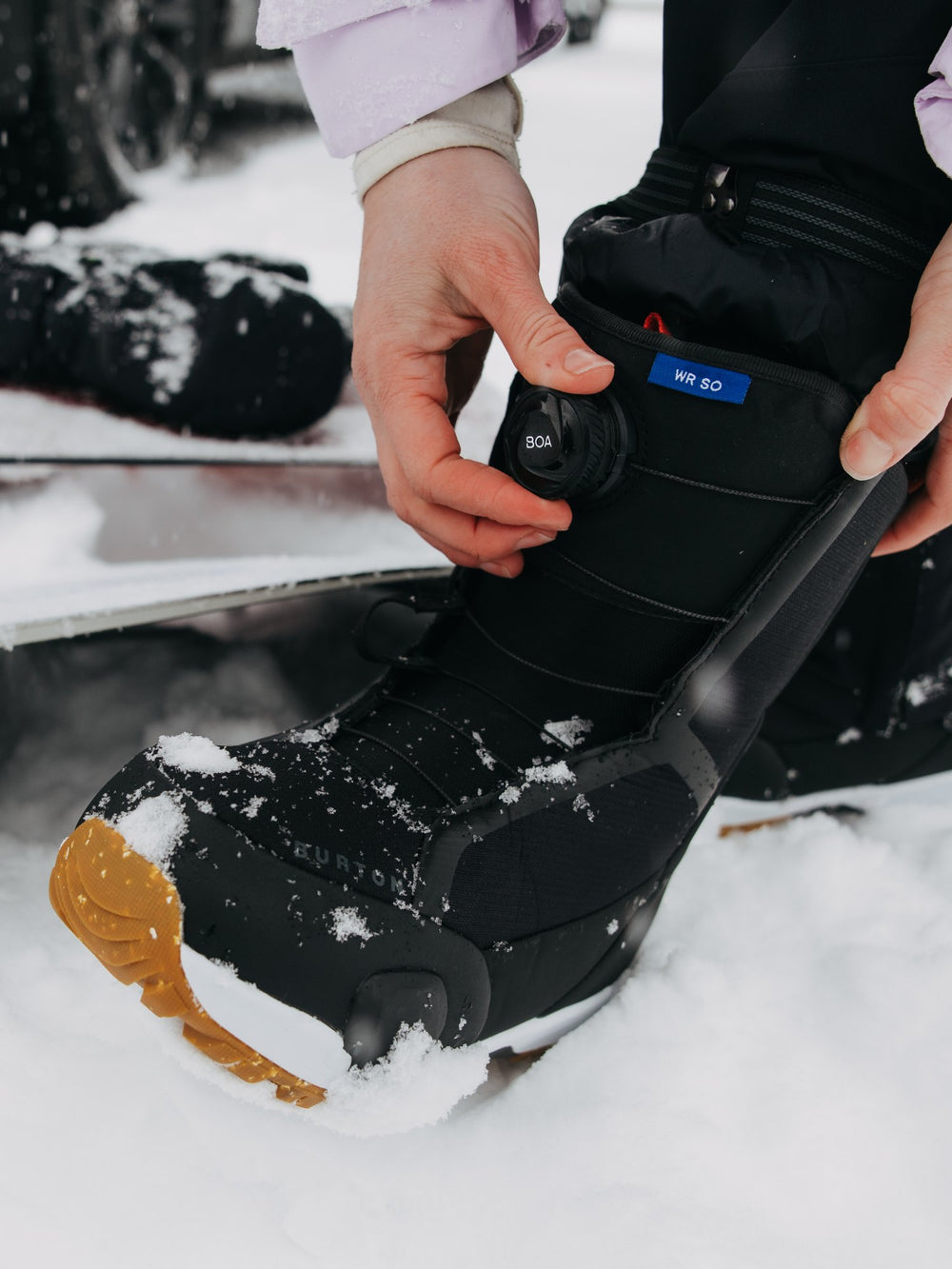 Burton Step On boot on a snowboard
